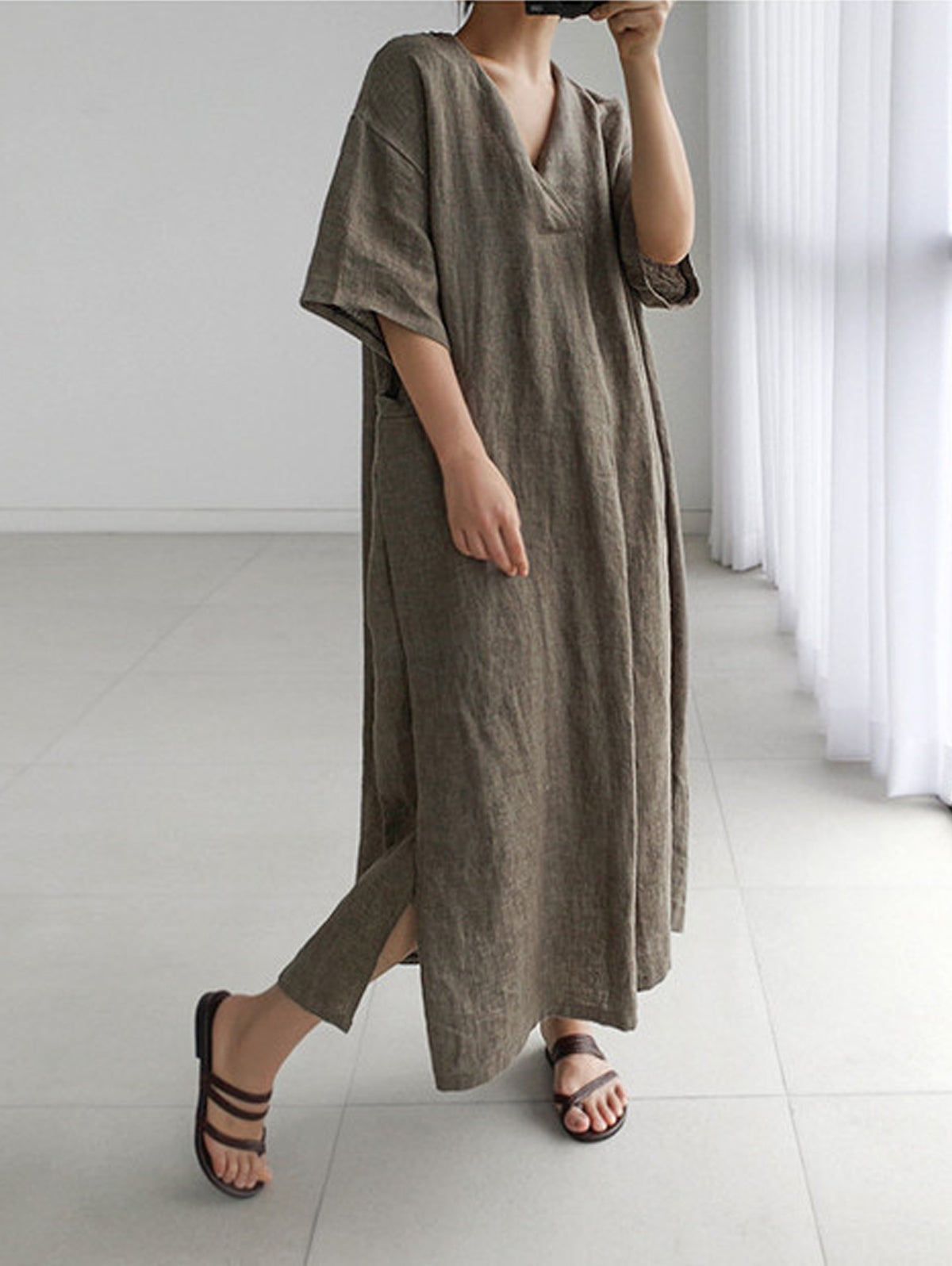 Women Solid Loose Maxi Dress with Pockets