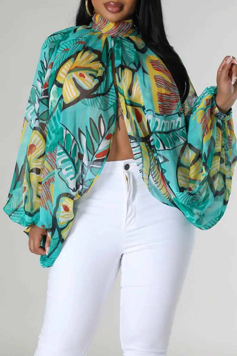 Light Green Casual Print Patchwork Slit Half A Turtleneck Tops