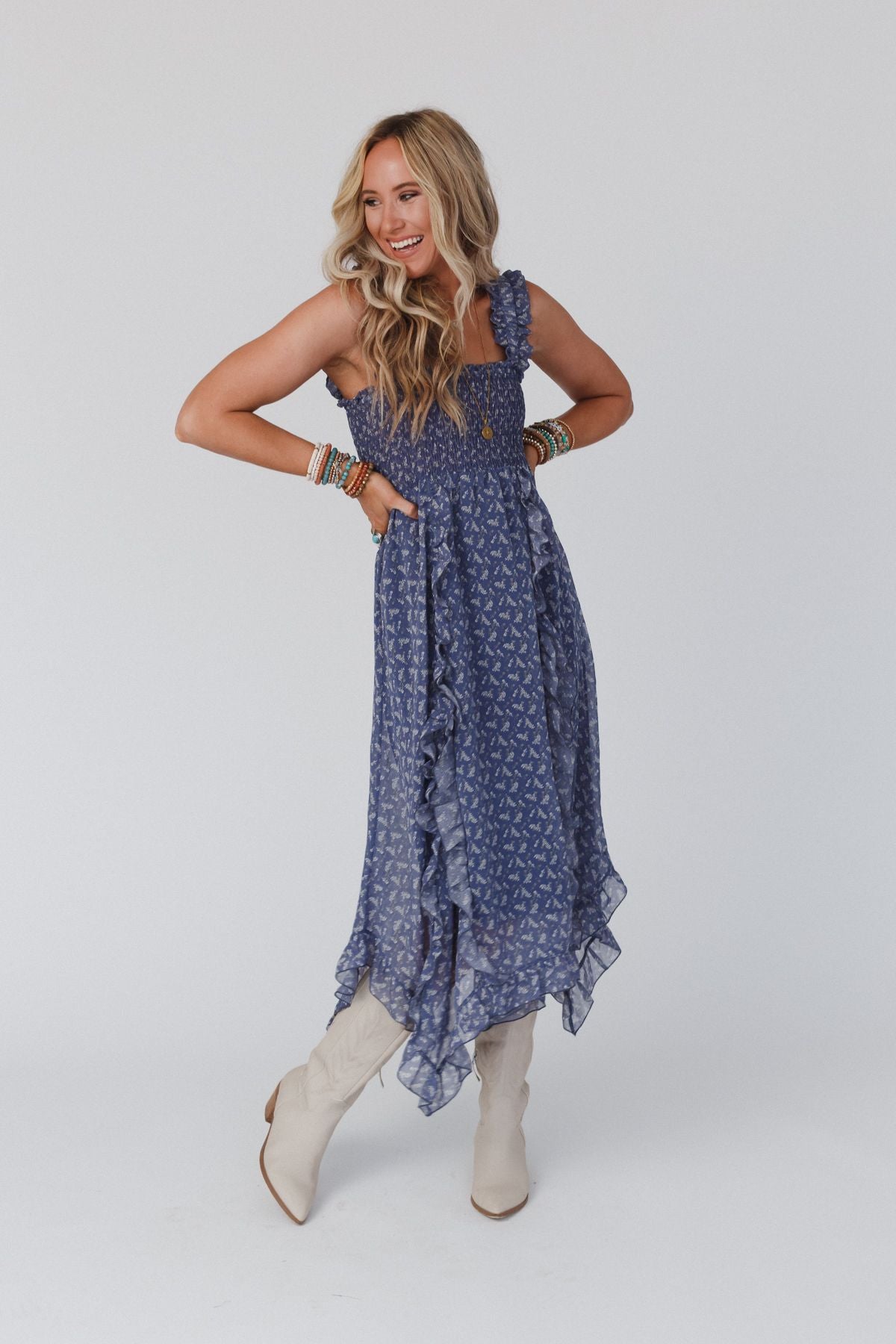 Smitten Smocked Ruffle Maxi Dress - Navy