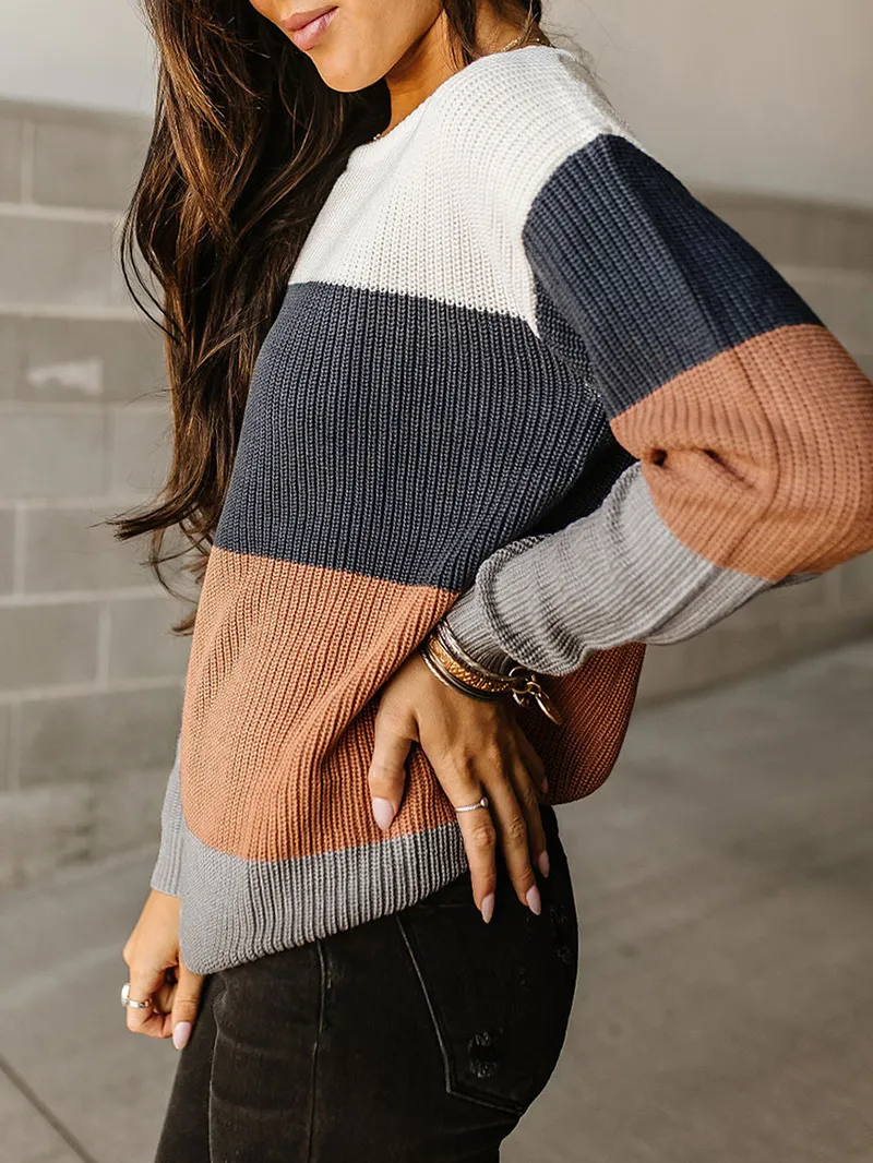 Block Knitted O-neck Pullover Sweater