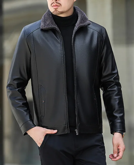 PU Leather Zipper Turndown Collar Solid Fleece-lined Jacket