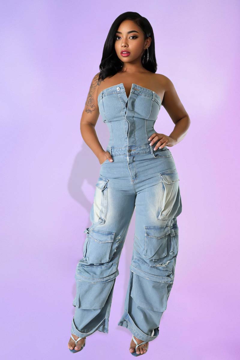 Strapless Denim Multi Pocket Button Cargo Jumpsuit [Pre Order]