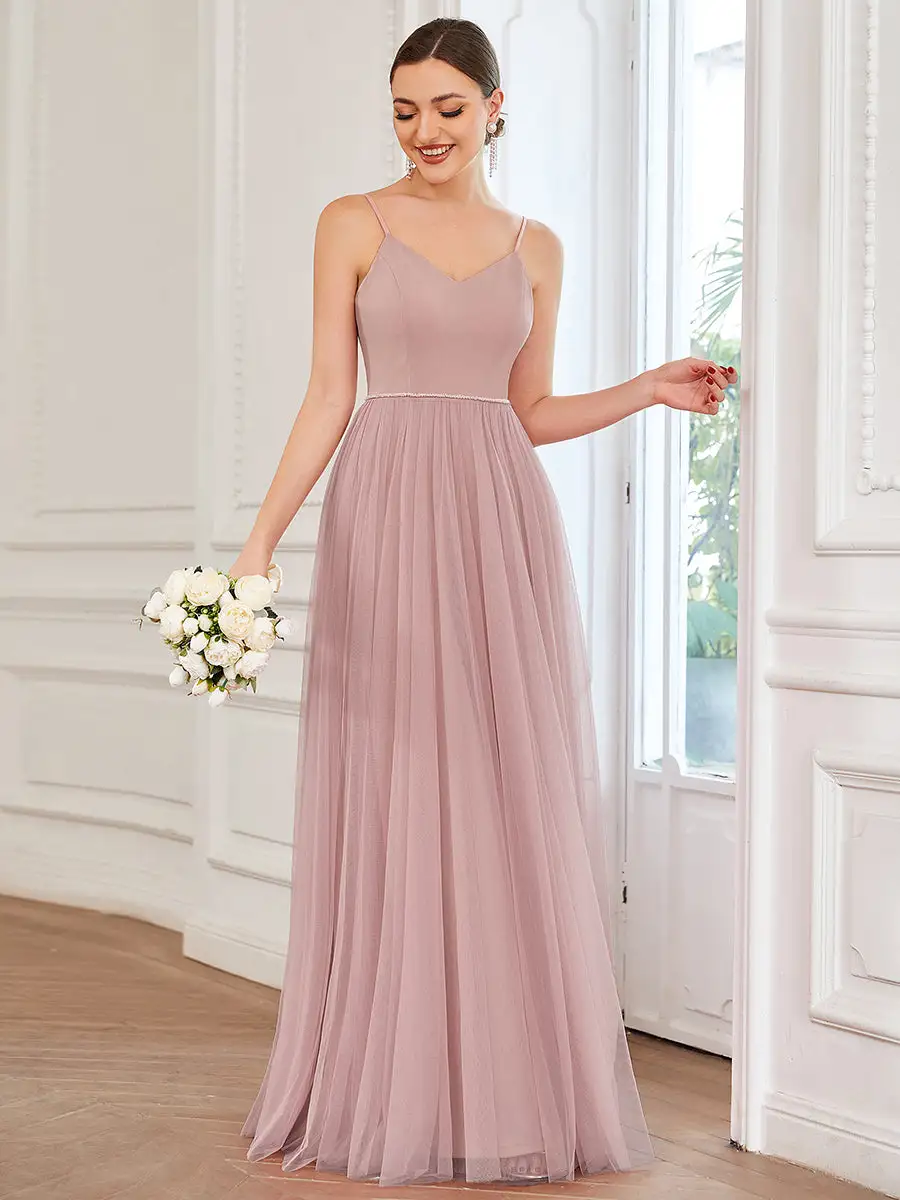 A Line Deep V Neck Spaghetti Straps Wholesale Bridesmaid Dresses