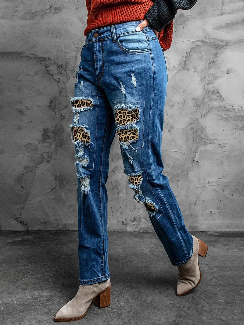 Casual leopard print patchwork jeans