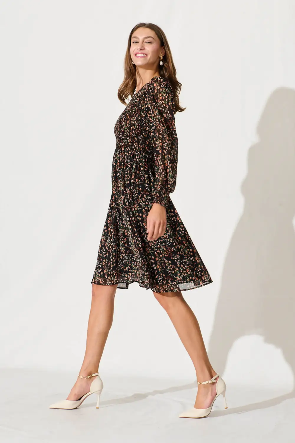 Fleece Dress In Black With Rust Floral Chiffon