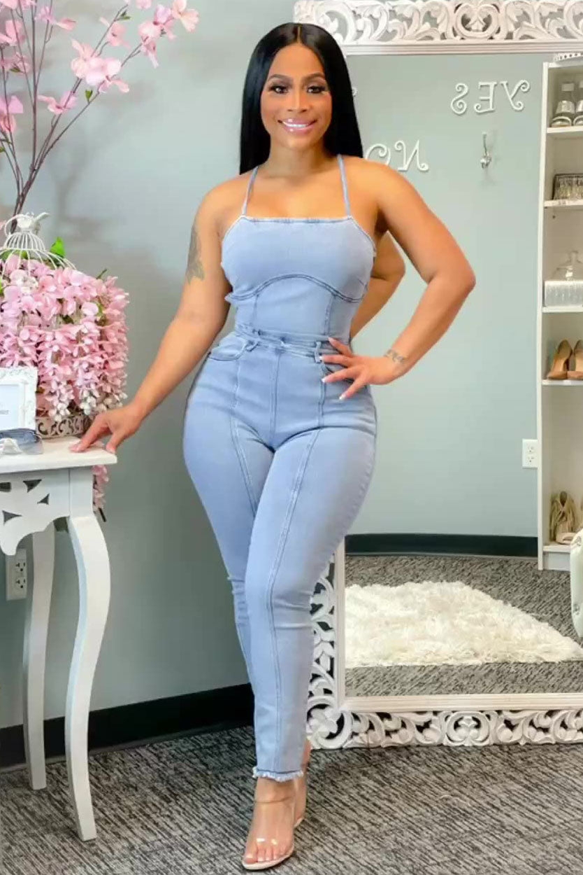 Open Back Lace Up Denim Jumpsuit