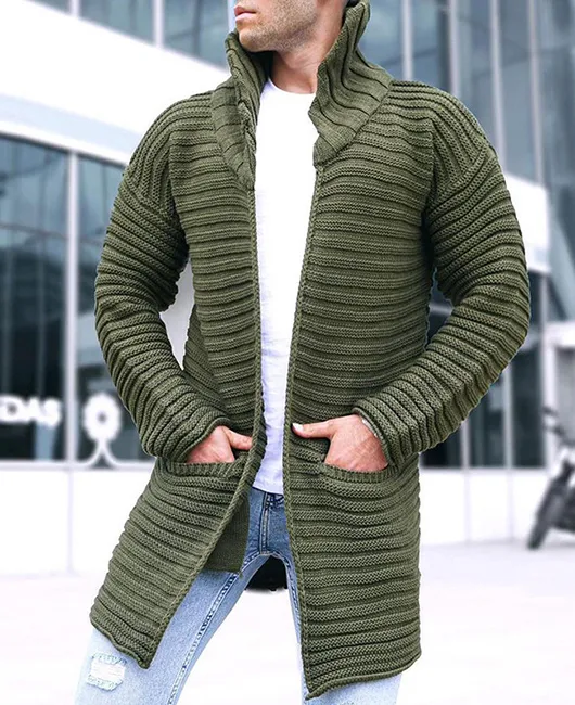 High Neck Pockets Knitted Long Cardigan Sweater