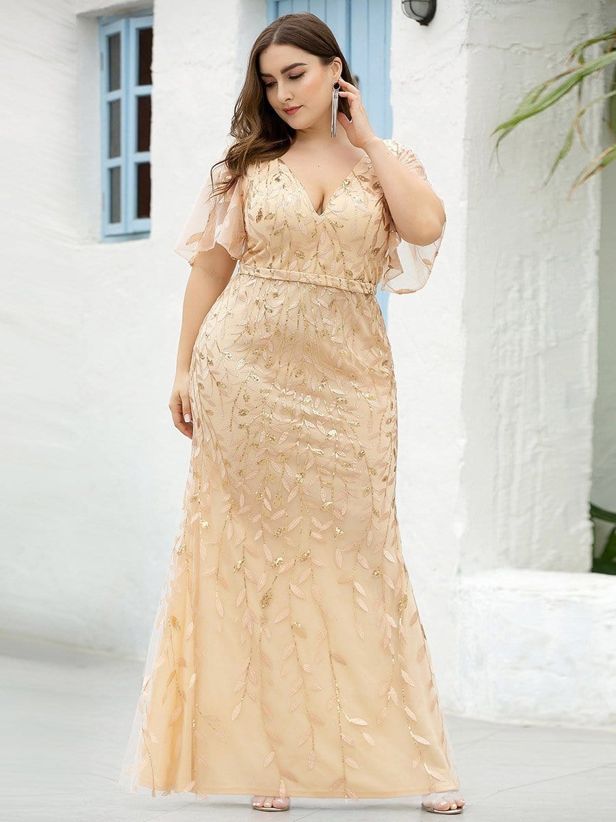 Gorgeous V Neck Leaf-Sequined Fishtail Wholesale Party Dress