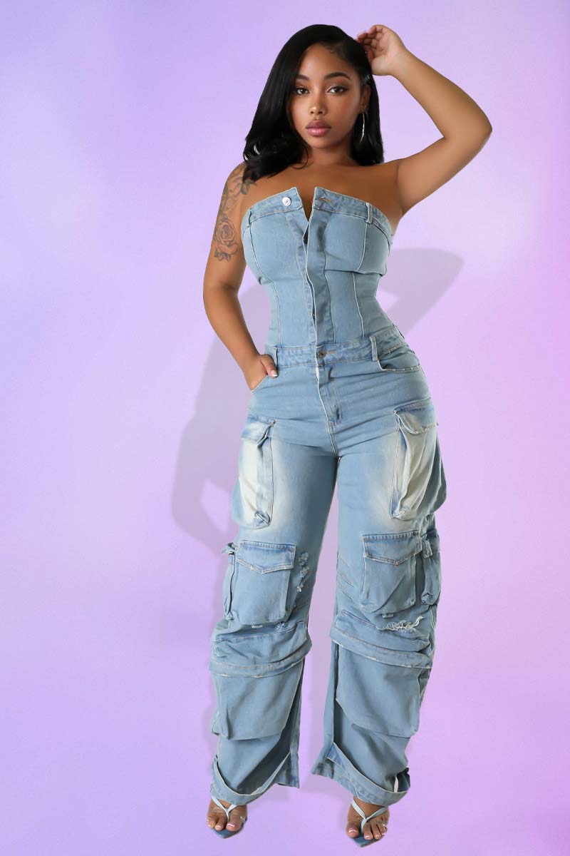 Strapless Denim Multi Pocket Button Cargo Jumpsuit [Pre Order]