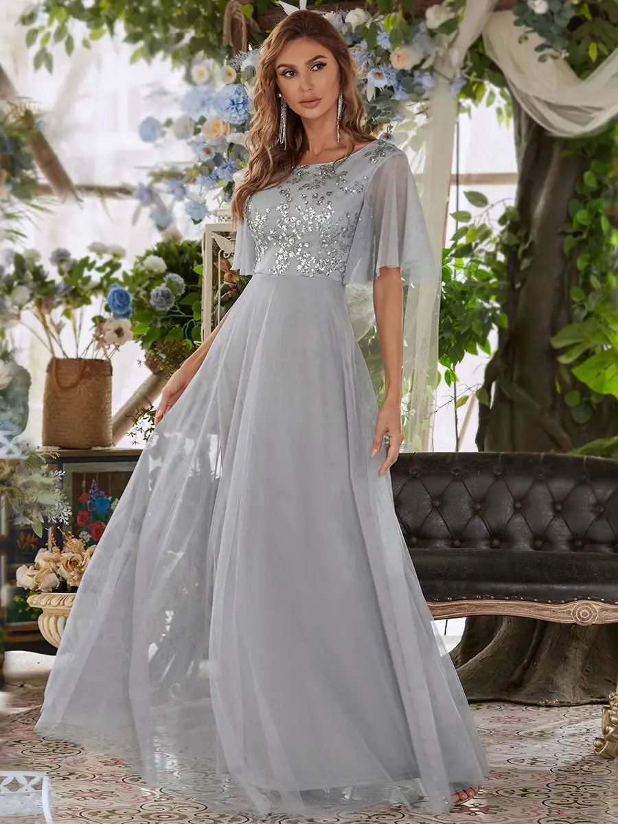 Elegant Tulle Ruffle Sleeves Bridesmaid Dresses Wholesale with Paillette