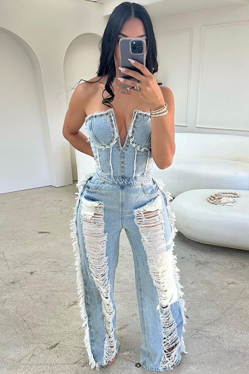 V Neck Raw Edge Scratch Hollow Out Strapless Denim Jumpsuit