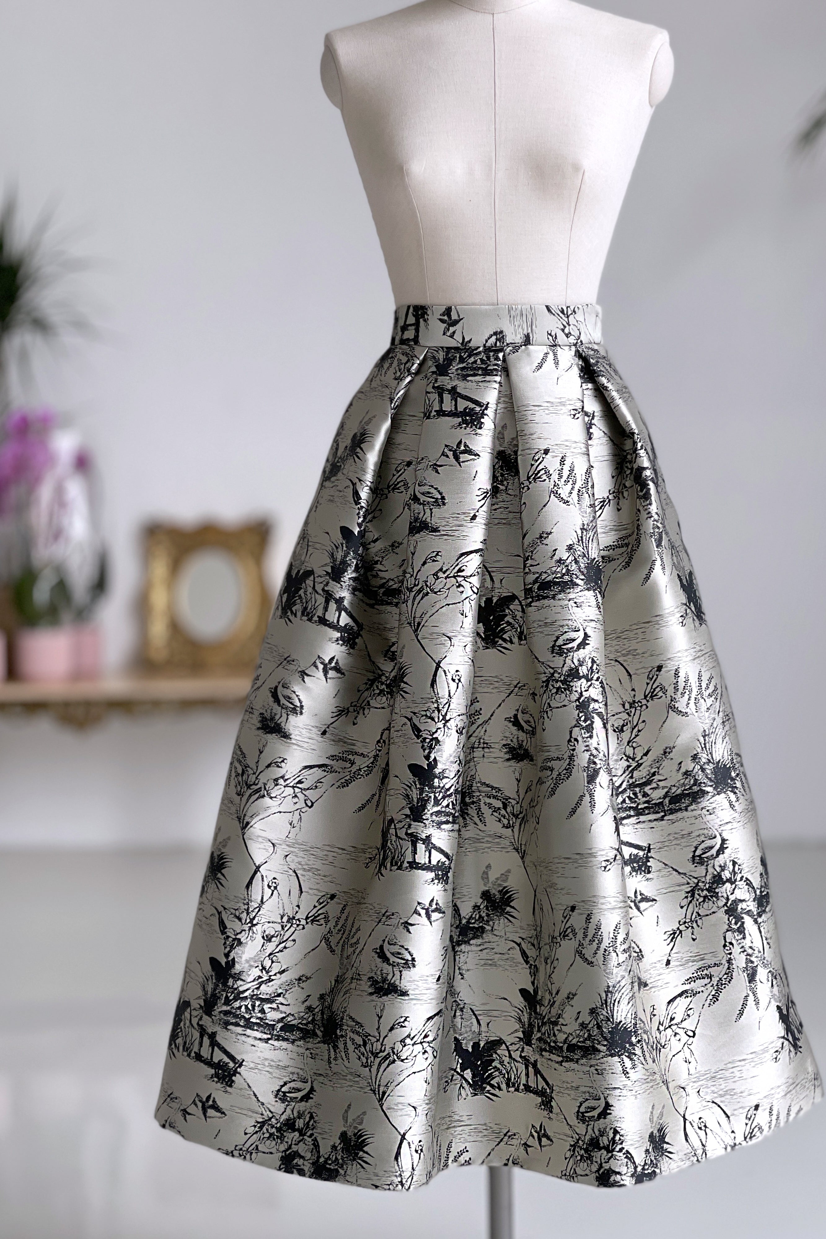 Gonna midi Toile de Jouy Silver