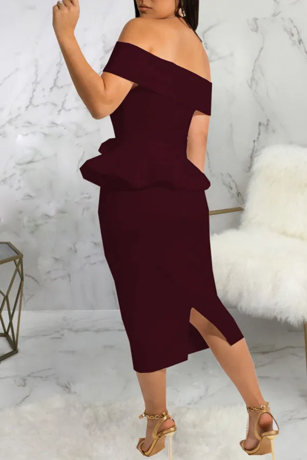 Burgundy Work Elegant Solid Bandage Patchwork Flounce Off the Shoulder Dresses