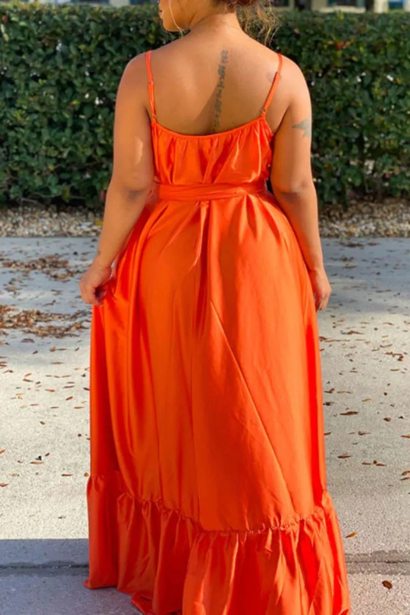 Tangerine Red Elegant Solid Split Joint Spaghetti Strap A Line Dresses