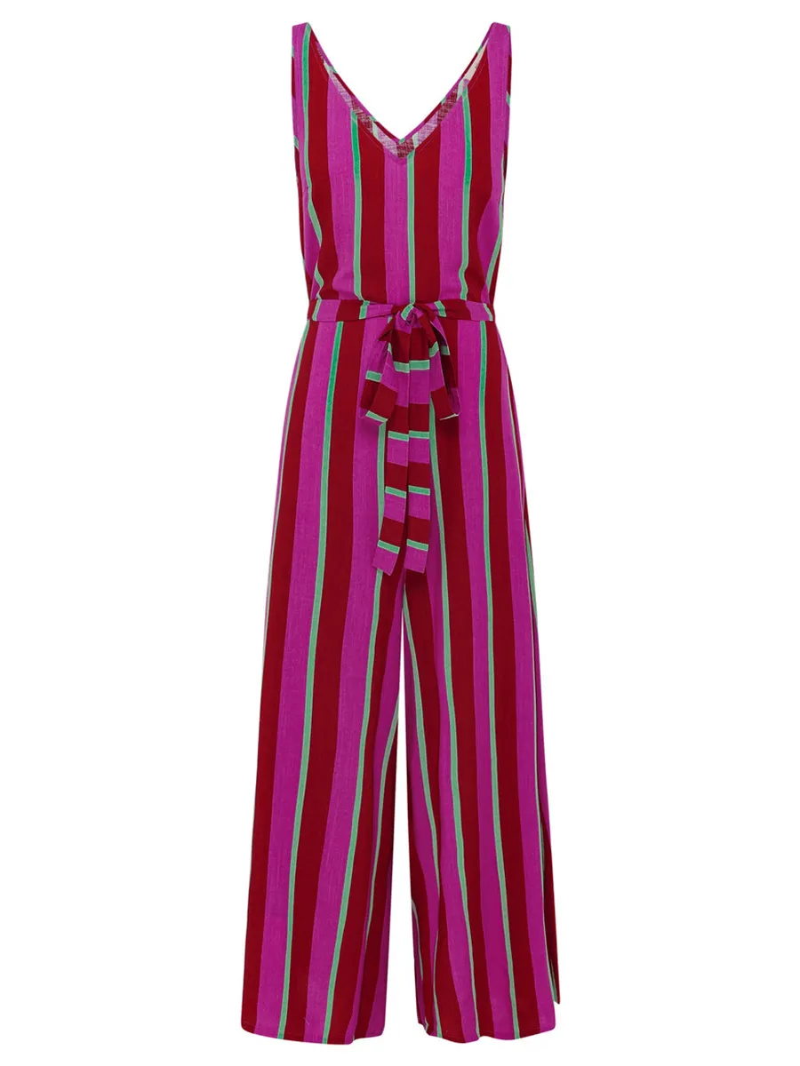 Women's V-neck striped printed holiday jumpsuit