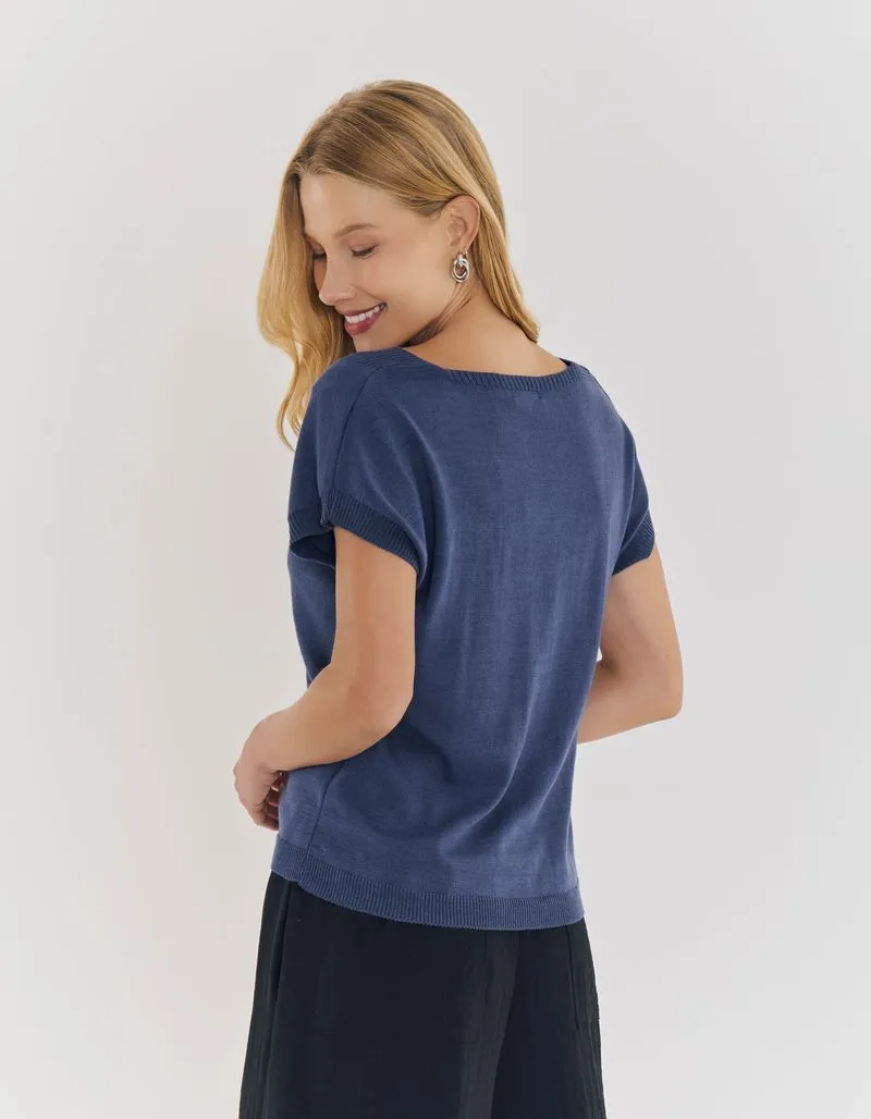 Tricot Blouse Collar Detail - Indigo Blue