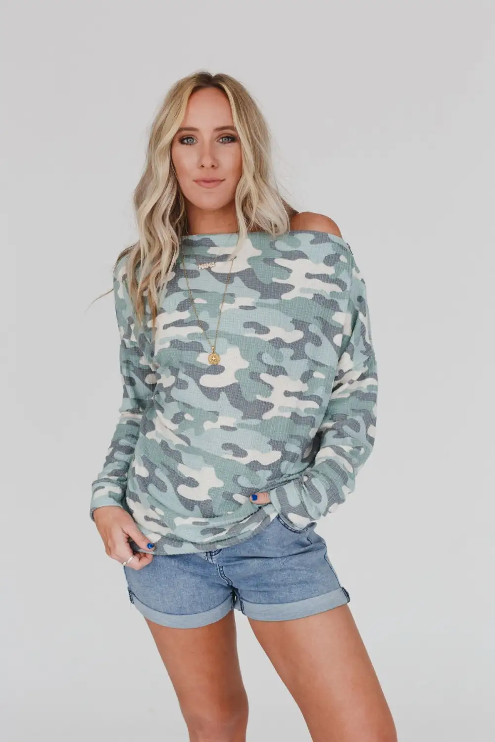 Esme Zipper Long Sleeve Sweater Top - Sage Camo