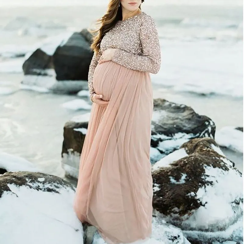 Spring Summer Pregnant Mother Pregnant Women Large Sequin Mesh Dress