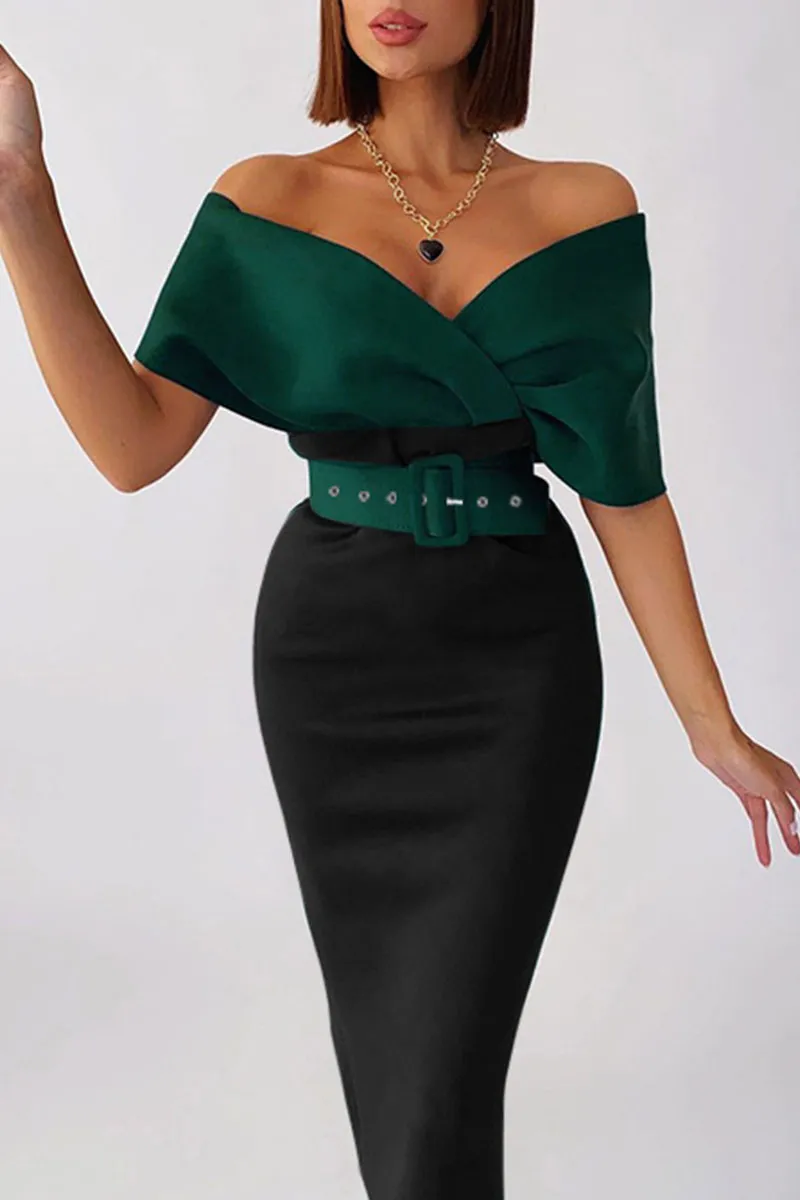 Green Work Elegant Solid Split Joint With Belt V Neck One Step Skirt Dresses