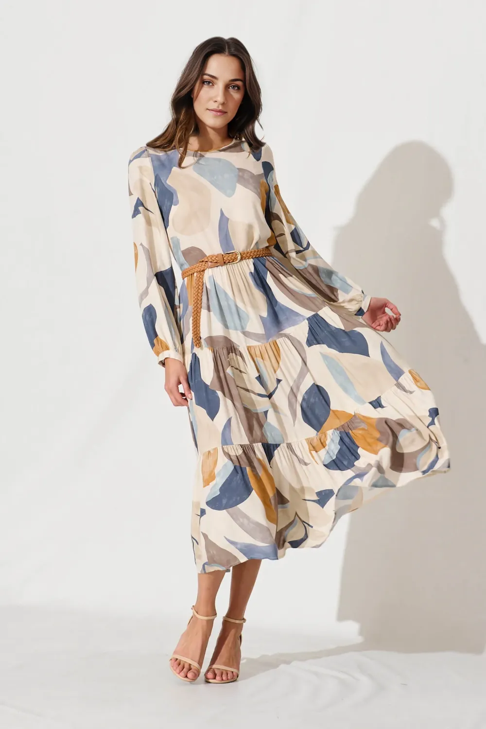 Lolita Midi Smock Dress In Multi Swirl Linen Blend