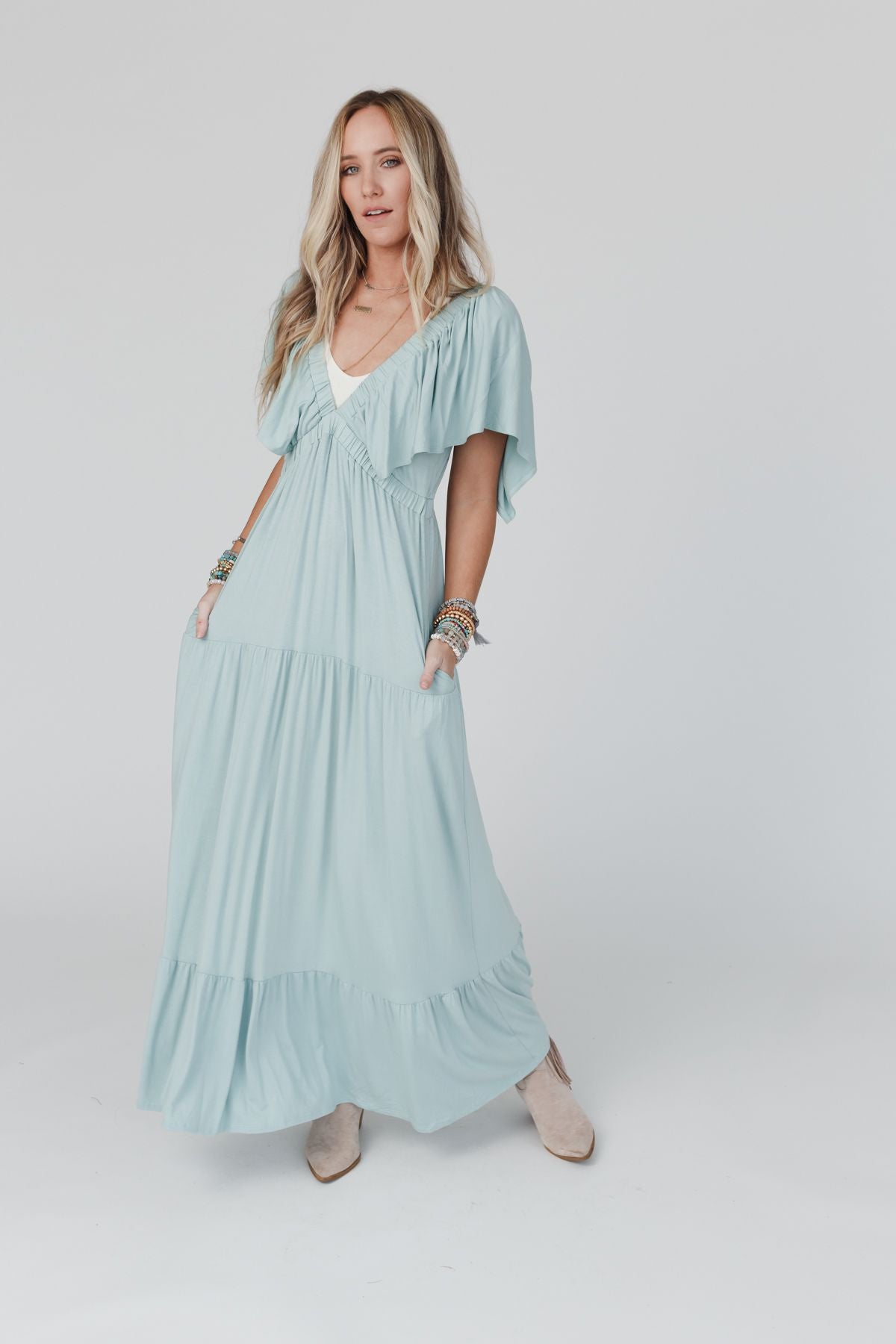 On Repeat Open Back Ruffle Maxi Dress - Seafoam