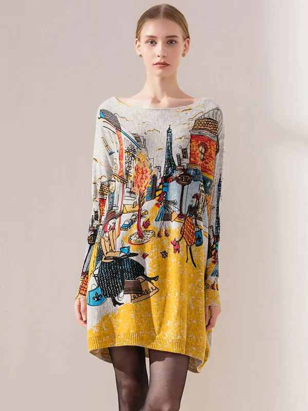 Original Loose Cartoon Printed Round-Neck Long Sleeves Sweater Dress