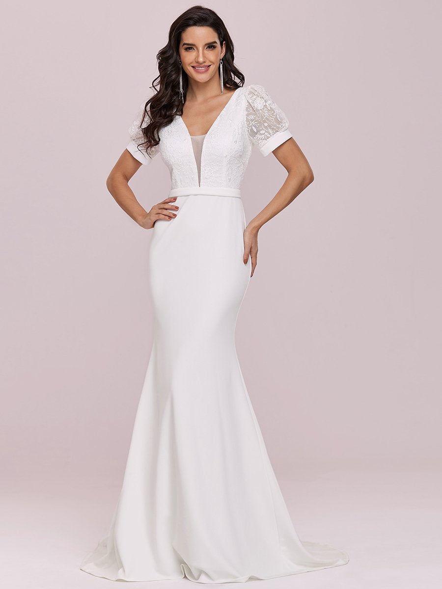 Plunge Neck Lace Bodice Wholesale Maxi Fishtail Wedding Dress