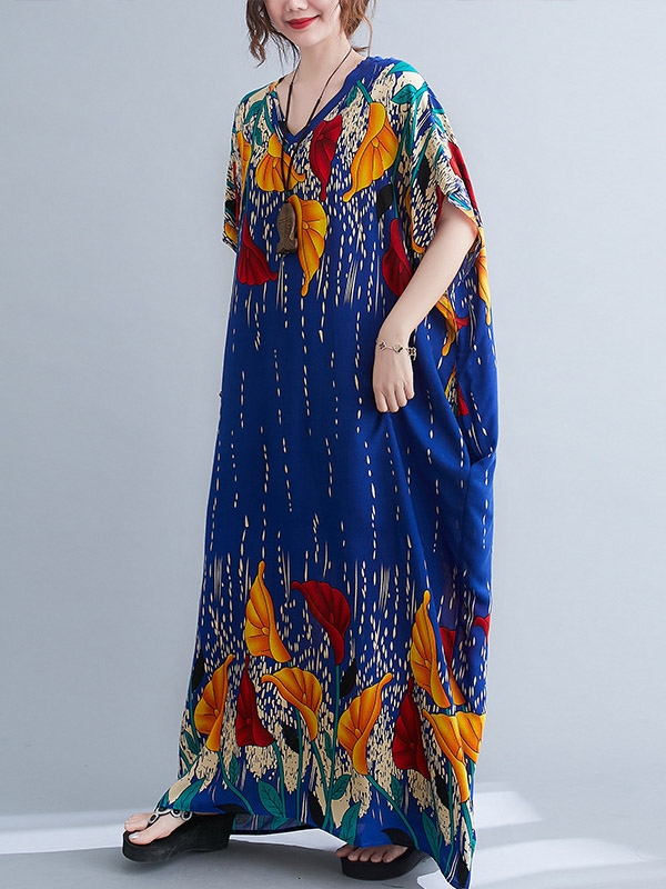 Ethnic Printed Vintage Super Loose Batwing Sleeve Dress