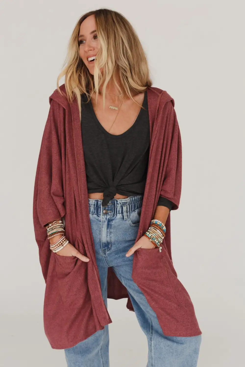 Boho Essential Hooded Ribbed Sweater - Mauve