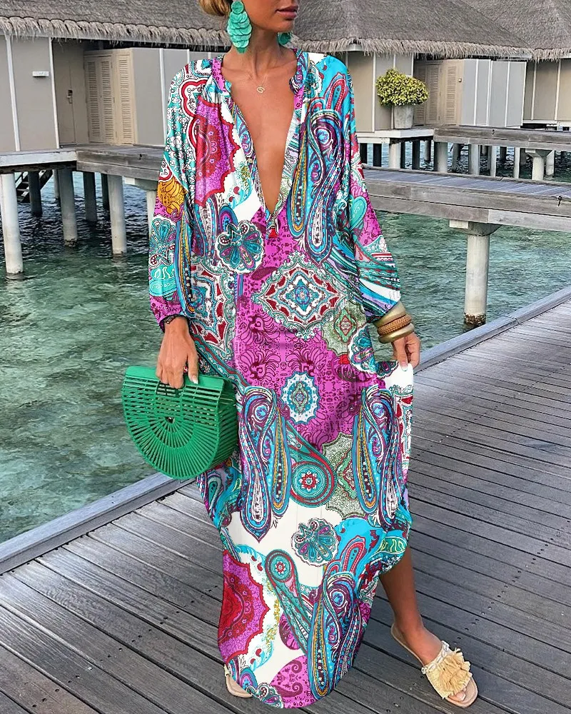 Women Printed V-Neck Long Sleeve Long Dress