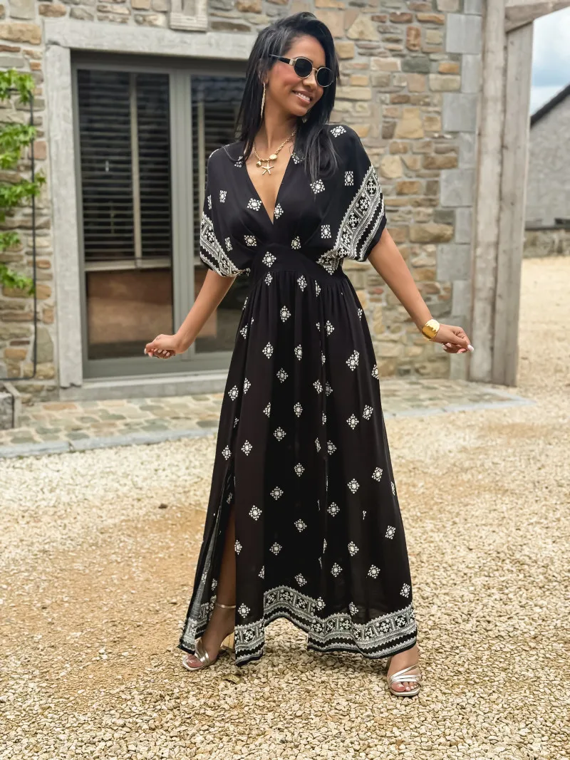 KATALYNA PATTERNED LONG DRESS - BLACK