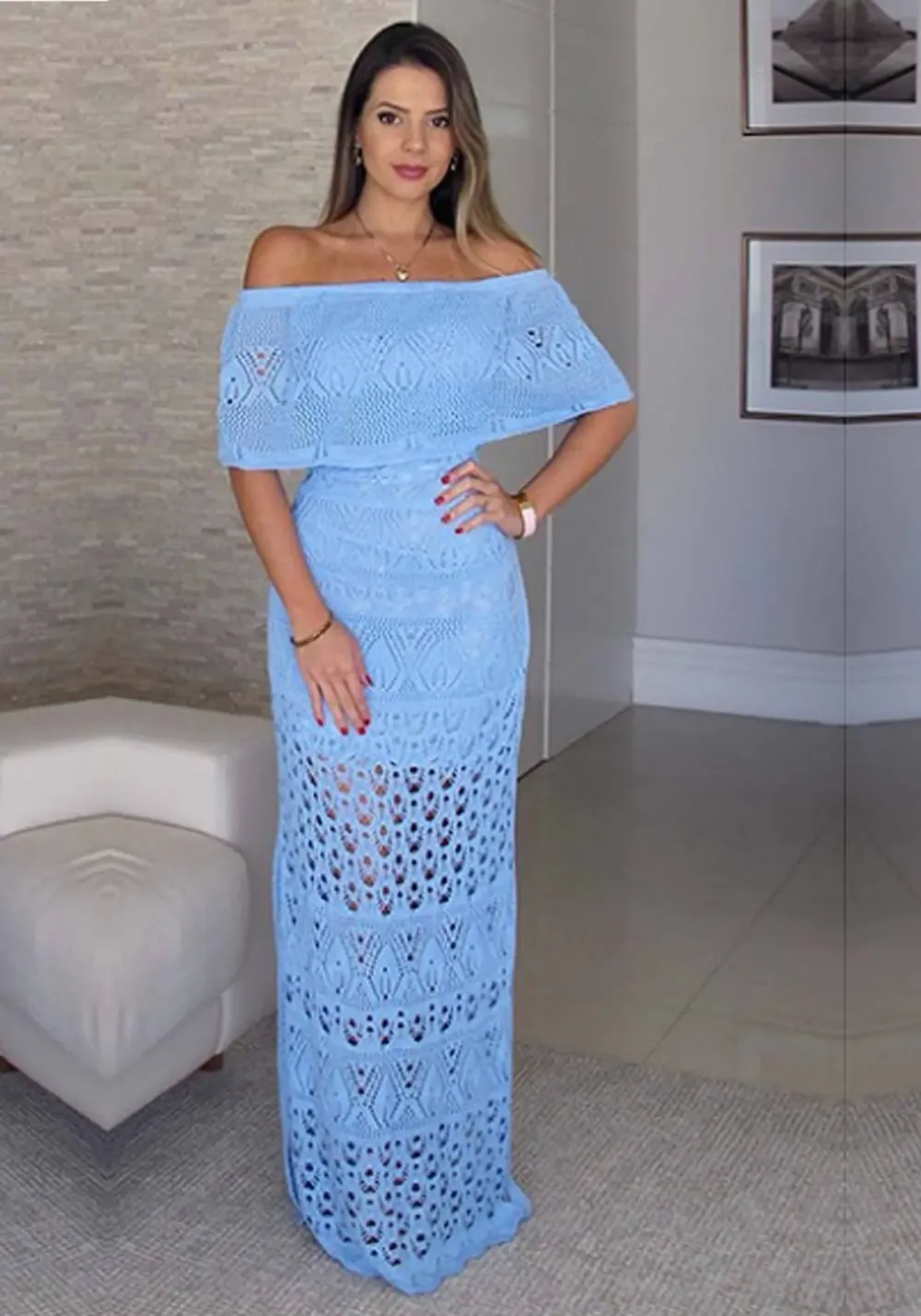 Long Off-the-Shoulder Dress in Blue Knit