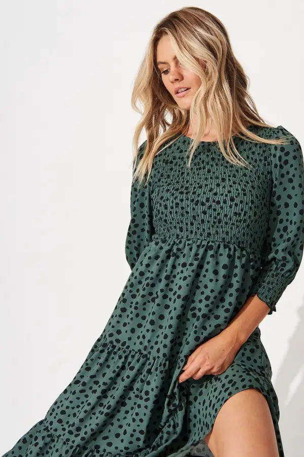 Jaseline Midi Dress In Dusty Green With Black Speckle