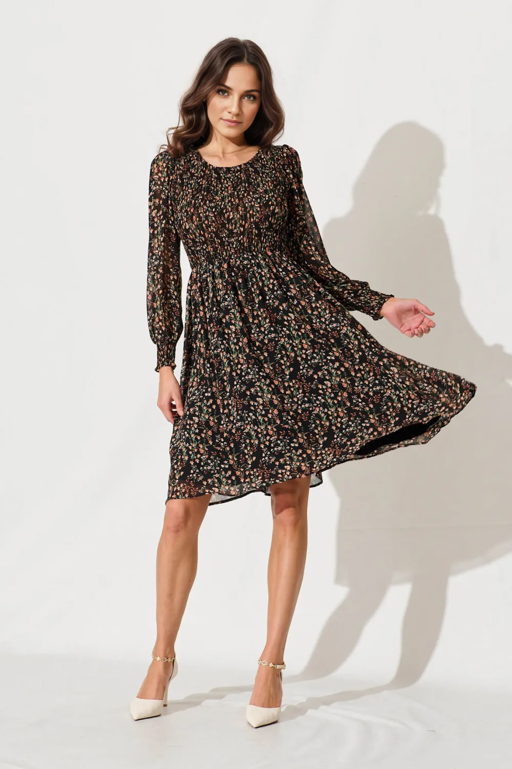 Fleece Dress In Black With Rust Floral Chiffon