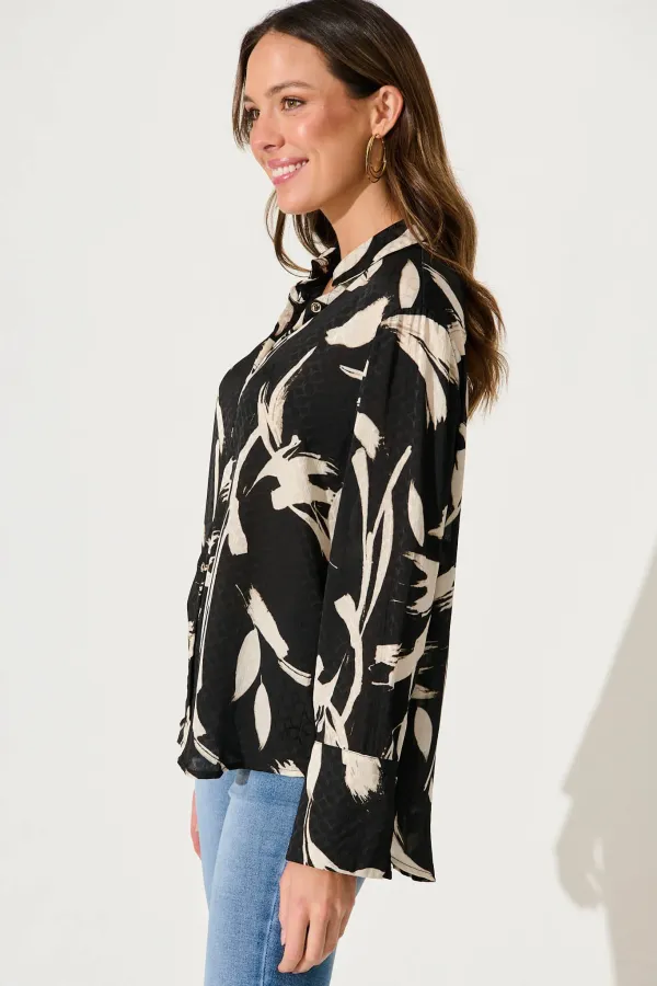 Marcela Shirt In Black With White Brushstroke Print