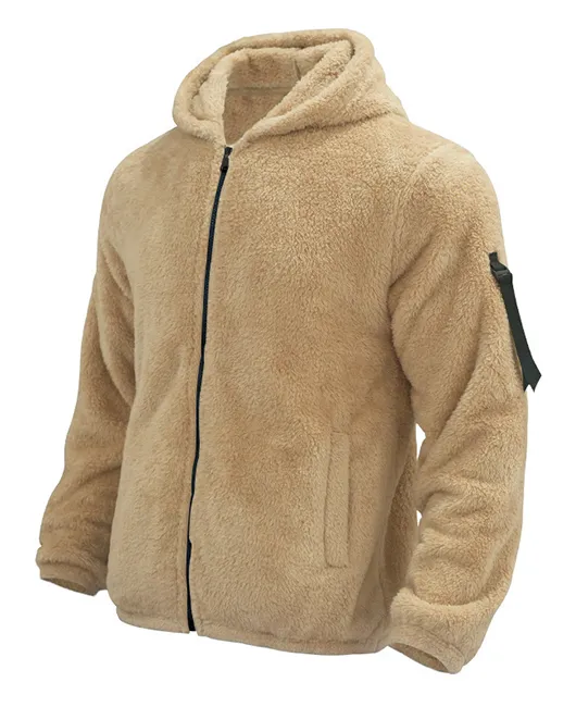 Daily Solid Zipper Pocket Warm Hooded Fleece Jacket