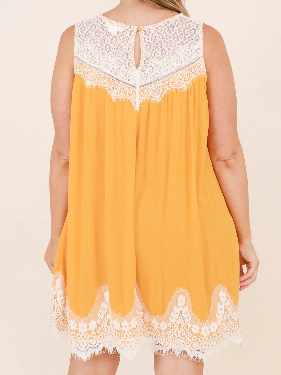 Yellow patchwork lace fabric dress