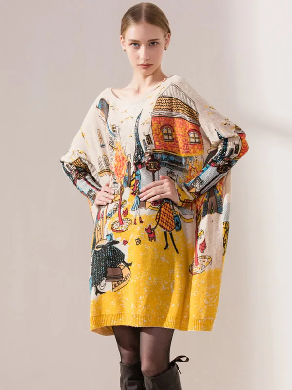 Original Loose Cartoon Printed Round-Neck Long Sleeves Sweater Dress