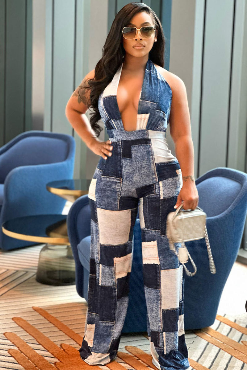 Denim Plaid Print Halter Sleeveless V Neck Wide Leg Vacation Jumpsuit