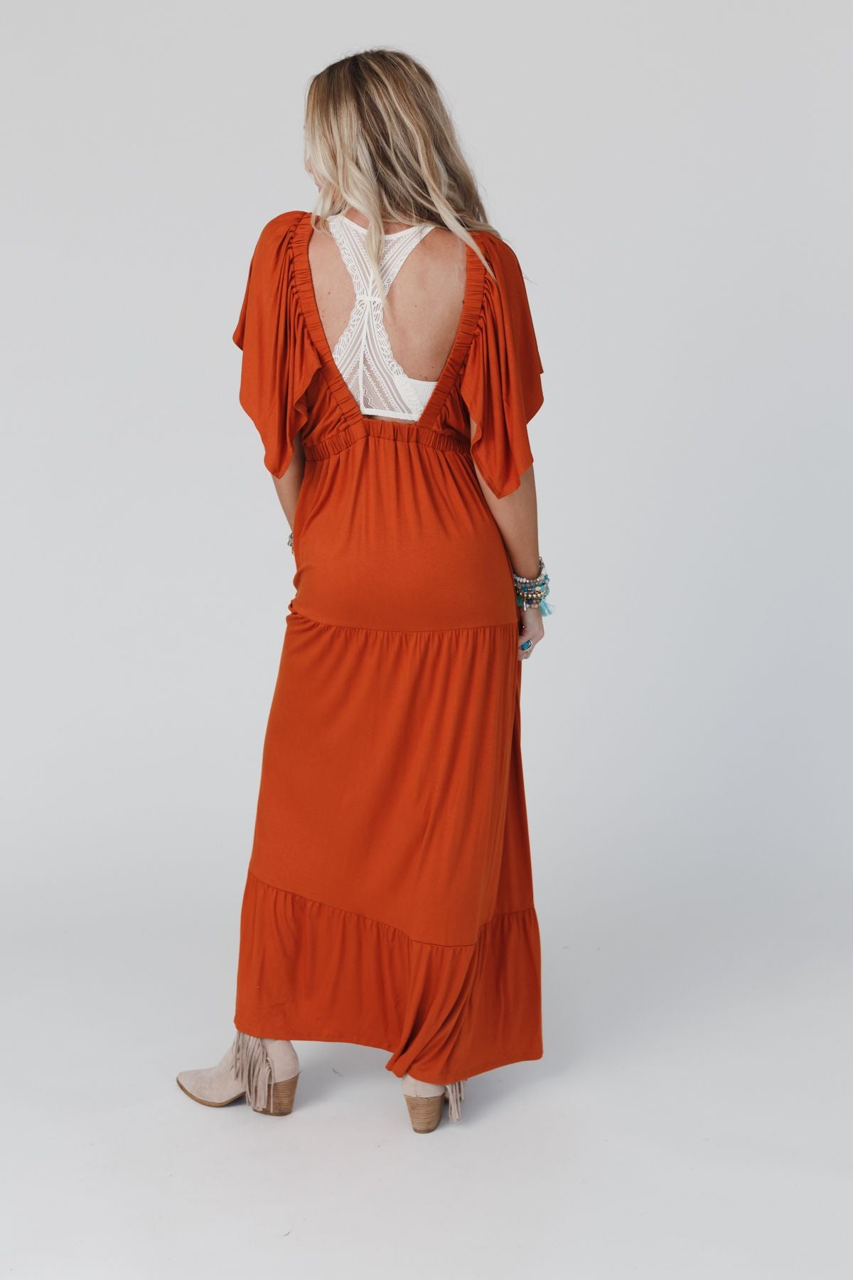 On Repeat Open Back Ruffle Maxi Dress - Spice