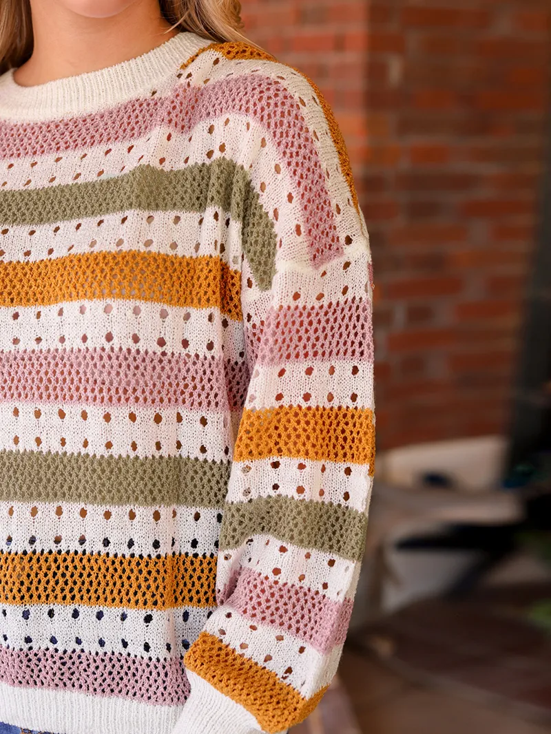 Multicolor Striped Hollowed Knitted Loose Sweater