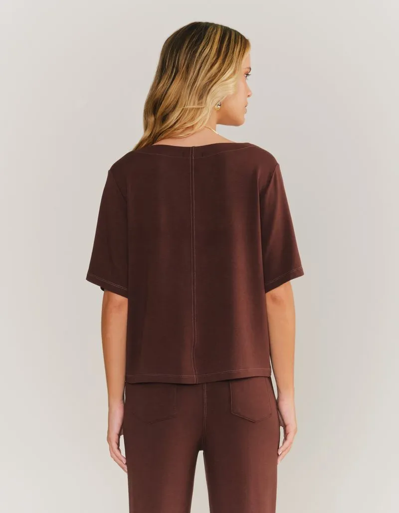 Short Sleeve Moletinho Blouse - Brown