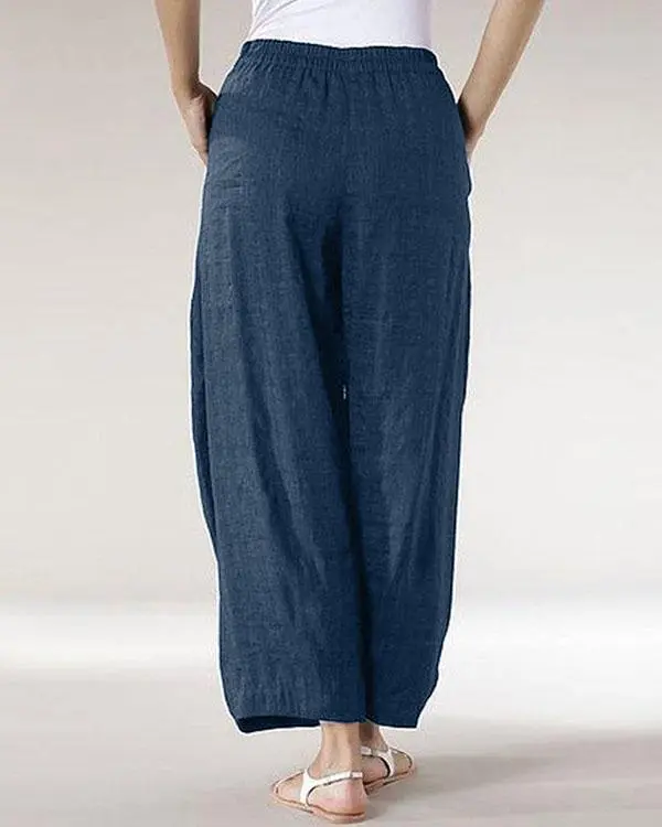 Casual Solid Patchwork Wide Leg Linen Pants