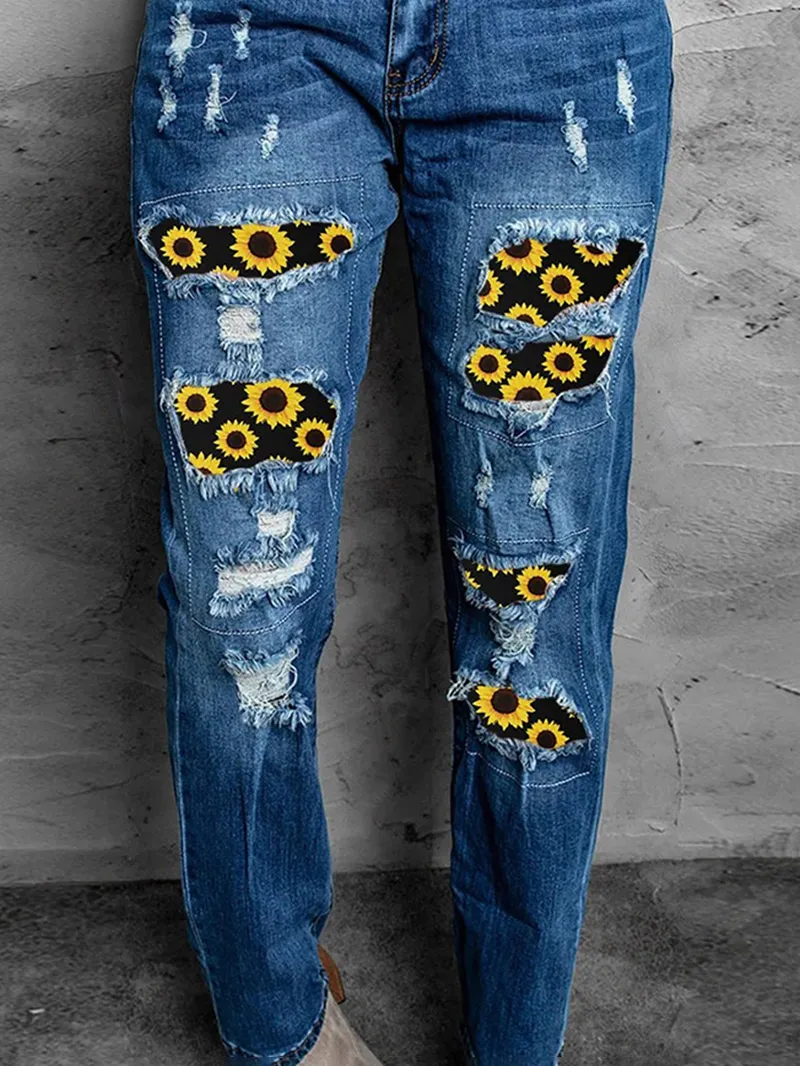 Women's Vintage Sunflower Print Patchwork Jeans