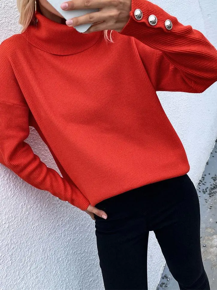 Women's Sweaters High Head Button Solid Long Sleeve Sweater