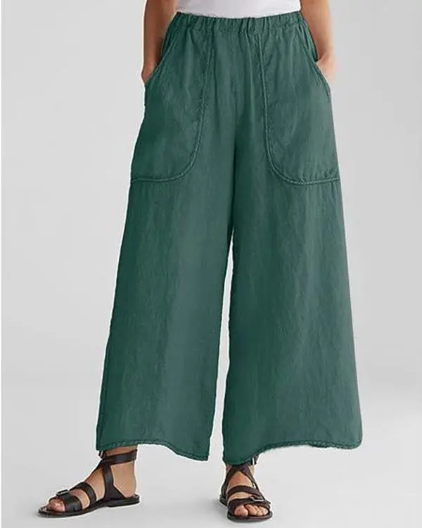 Cotton & Linen Pockets Plus Size Wide Leg Casual Pants