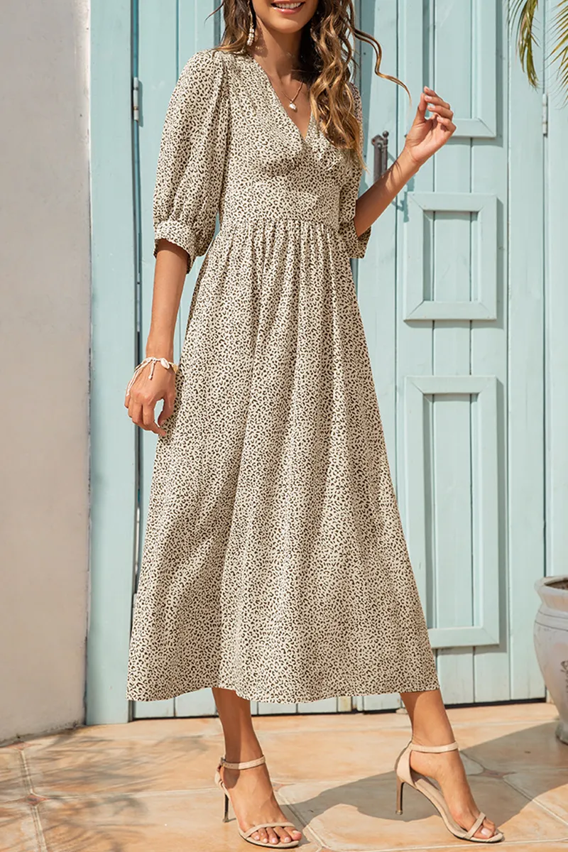 Elegant Floral Split Joint Fold V Neck A Line Dresses