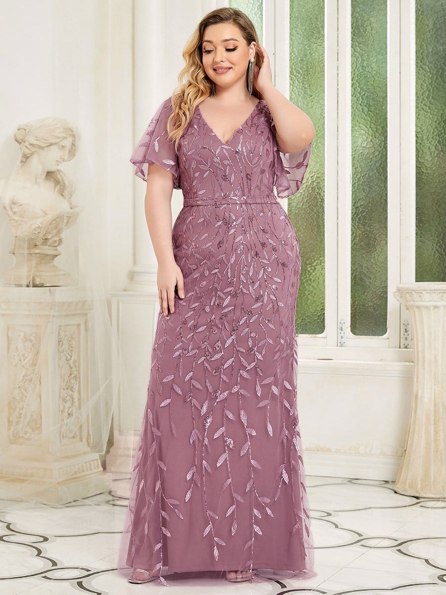 Fashion Plus Size V Neck Mermaid Sequin & Tulle Evening Dress