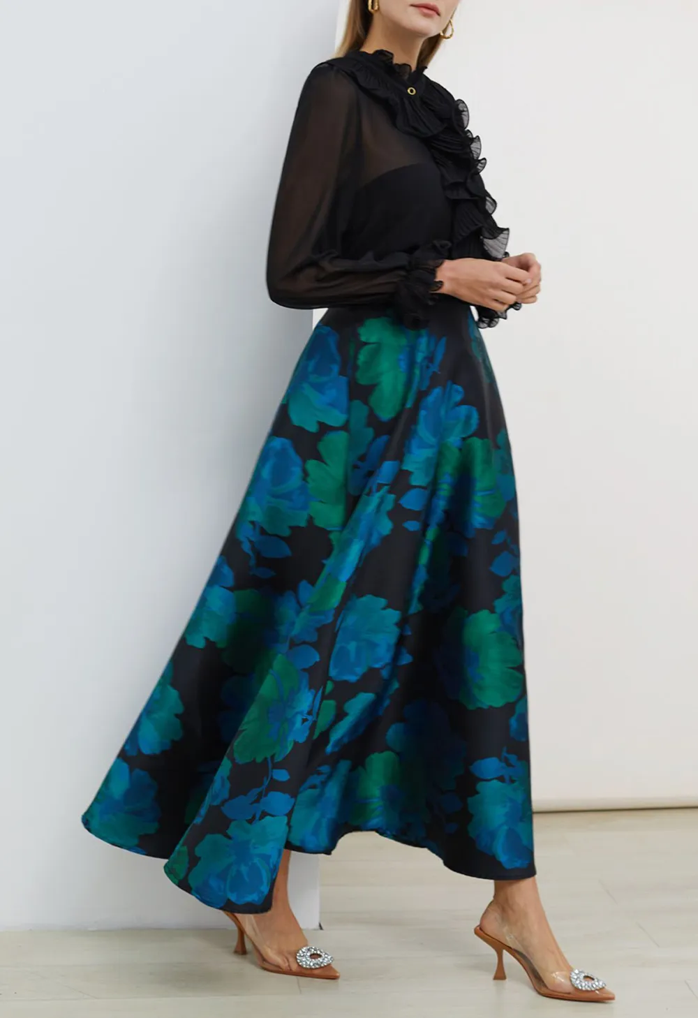 FLORAL MELODY JACQUARD A-LINE MAXI SKIRT IN TEAL