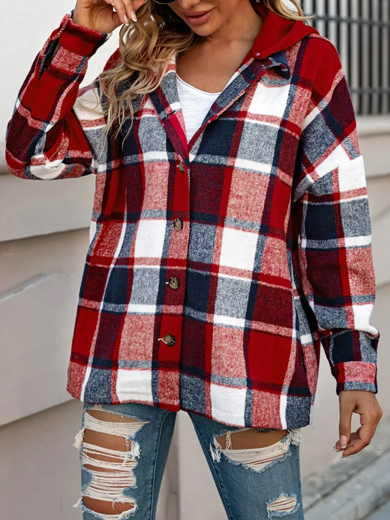 Fiery Red Hooded Plaid Button Front Shacket